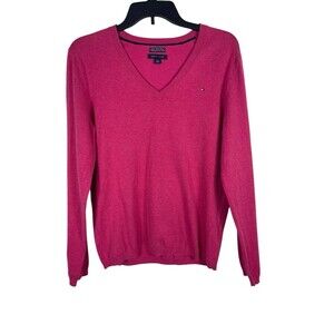 Tommy Hilfiger Women’s Pink Pima Cotton Blend V-Neck Sweater Size L Preppy Y2K